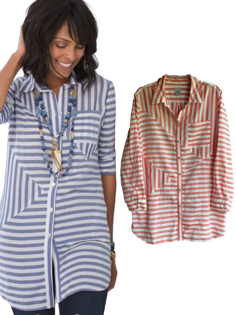 Chico's Splice Striped Button Down Relaxed Tunic Top with Pockets Coral White XL